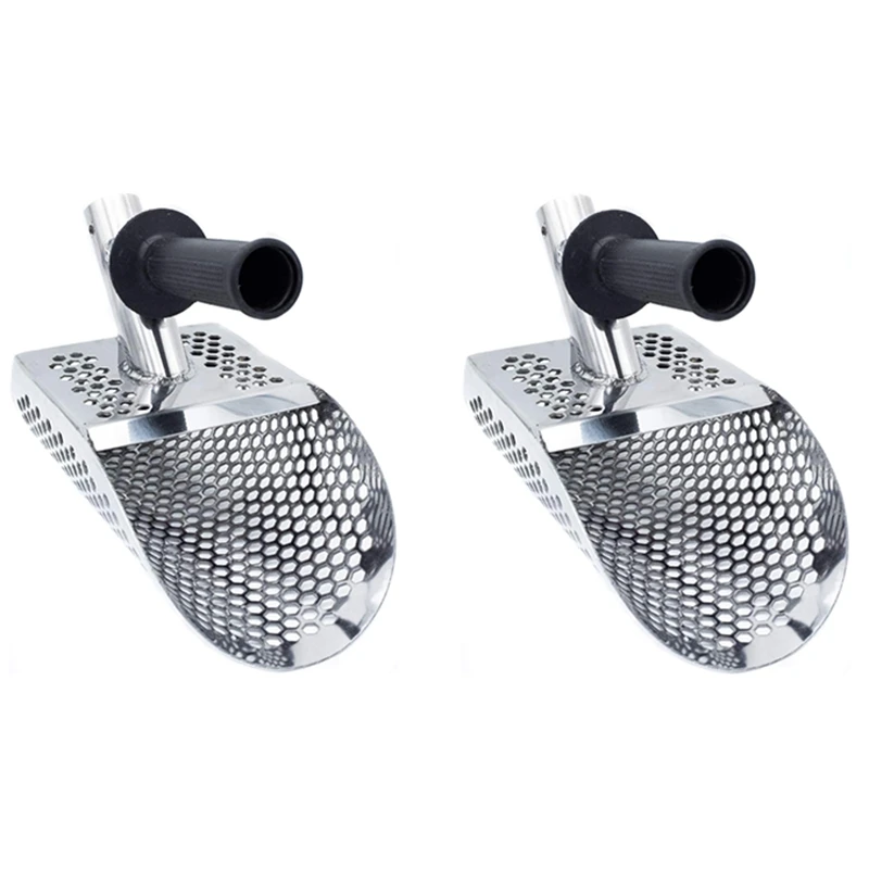 

2Pcs Sand Scoop for Metal Detecting, Stainless Steel With Hexahedron 7mm Holes for Beach Treasure Hunting + Plastic Handle