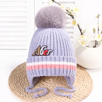 

New Baby Winter Hat with Fur Ball for Girls Kids Hats Earmuffs Double Layer Warm Lace-Up Cap Infant Toddler Hat Children Bonnet