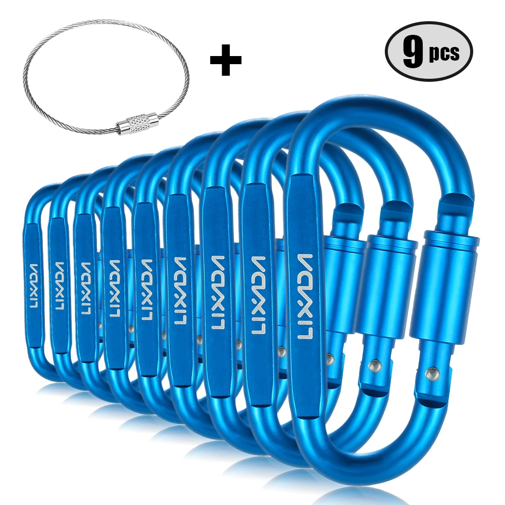 

Lixada 9 Pack Aluminum Alloy D-ring Locking Carabiner Clip Set Screw Lock Hanging Hook Buckle Keychain with Steel Wire Ring