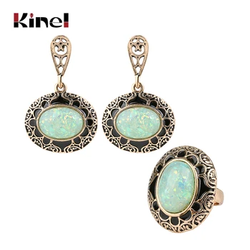

kinel Opal Ring And Earring Jewelry Set Black Enamel Antique Gold 2pc Vintage Jewelry For Women Luxury Party Gift
