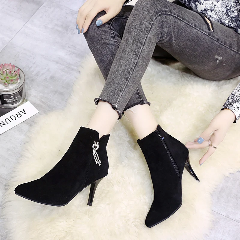 

Solid color ankle boots winter boots laarzen dames mouth pointed Tassel rhinestone luxury thin heels zipper flock elegant