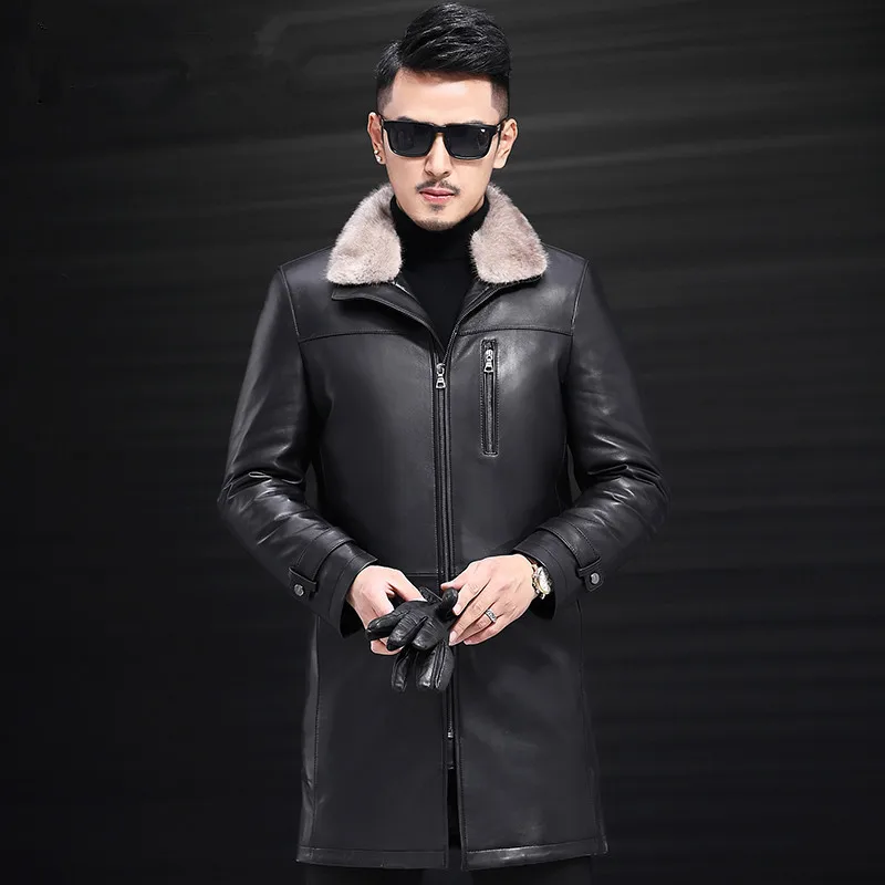 

Genuine Leather Jacket Men Winter Sheepskin Coat Down Jacket Mink Fur Collar Sheep Shearling Jacket JLK17727 KJ1204