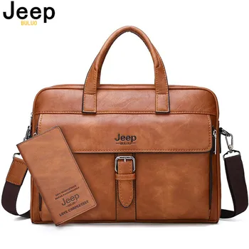 JEEP BULUO브랜드 남자 서류 가방 비즈니스 케이스 사무실 핸드백 분할 가죽 남자 메신저 어깨 14 인치 노트북 가방