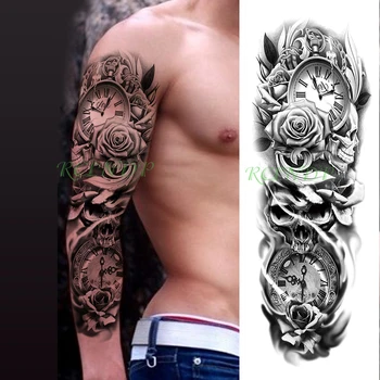 

Waterproof Temporary Tattoo Sticker Creative combination of pocket watch skull and roses fake tatto flash tatoo for men women