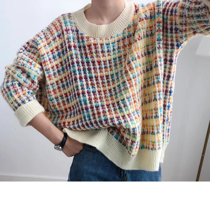 

MEVGOHOT 2019 Woman Rainbow Sweater Autumn Winter Warm Oversized Knitted Pullover Femme Casual Colorful Loose Sweater HMM02