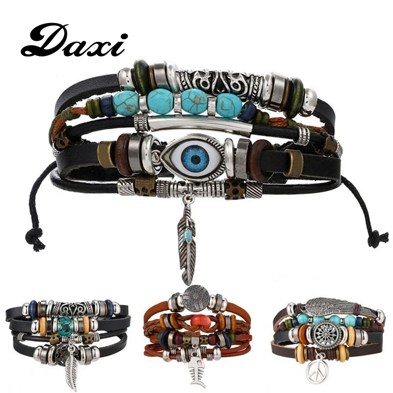 Многослойный кожаный браслет DAXI в стиле бохо с тибетским камнем и перьями