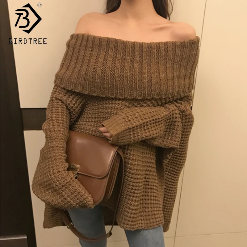2019 Autumn New Arrival Women's Solid Pullovers Sweater Sexy Full Sleeve Slash NecK Loose Knitted Casual Tops C99802K | Женская