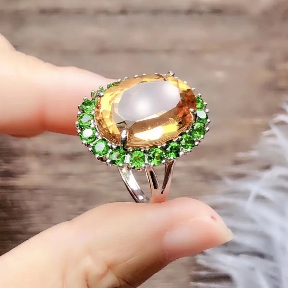 Free shipping Real natural Original citrine Inlay Natural Diopside 925 sterling silver Fine yellow gem 13*18mm