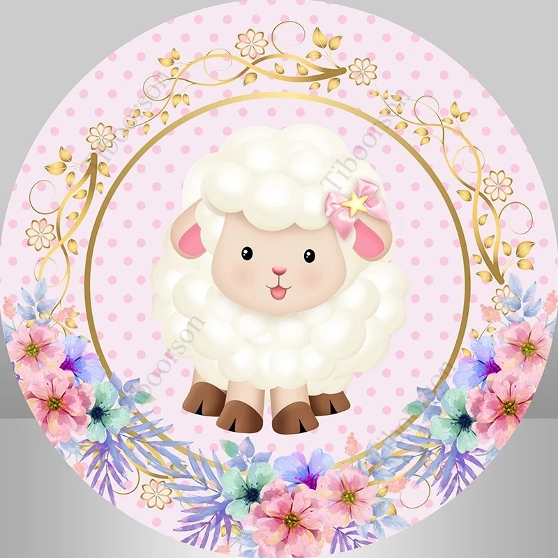 Pink Dots Cut Goat Sheep Theme Photography Backgrounds Props Flowers Girl Birthday Party Round Circle Backdrop Background Cover |