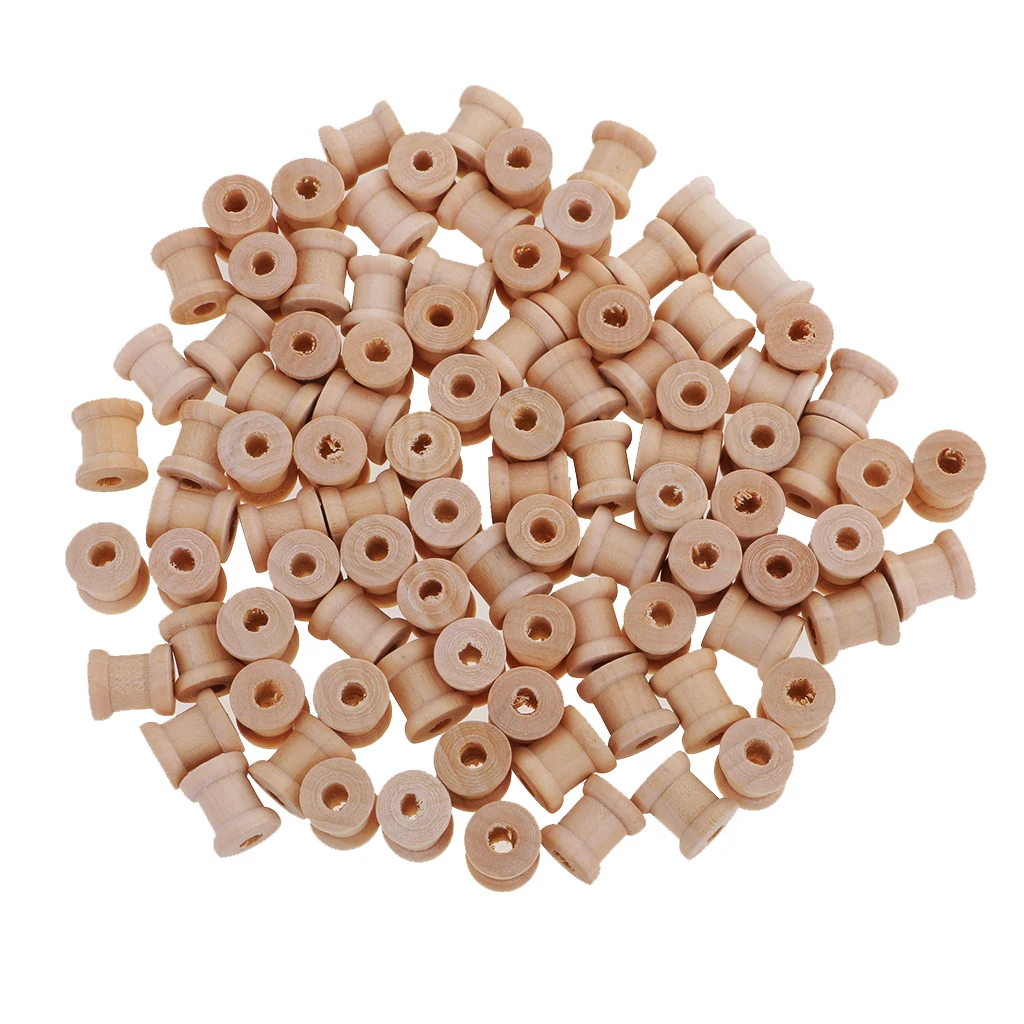 100 Pieces Bulk Unfinished Wooden Spools Thread Bobbins Cord Wire Coils Sewing Notions 14mmX12mm