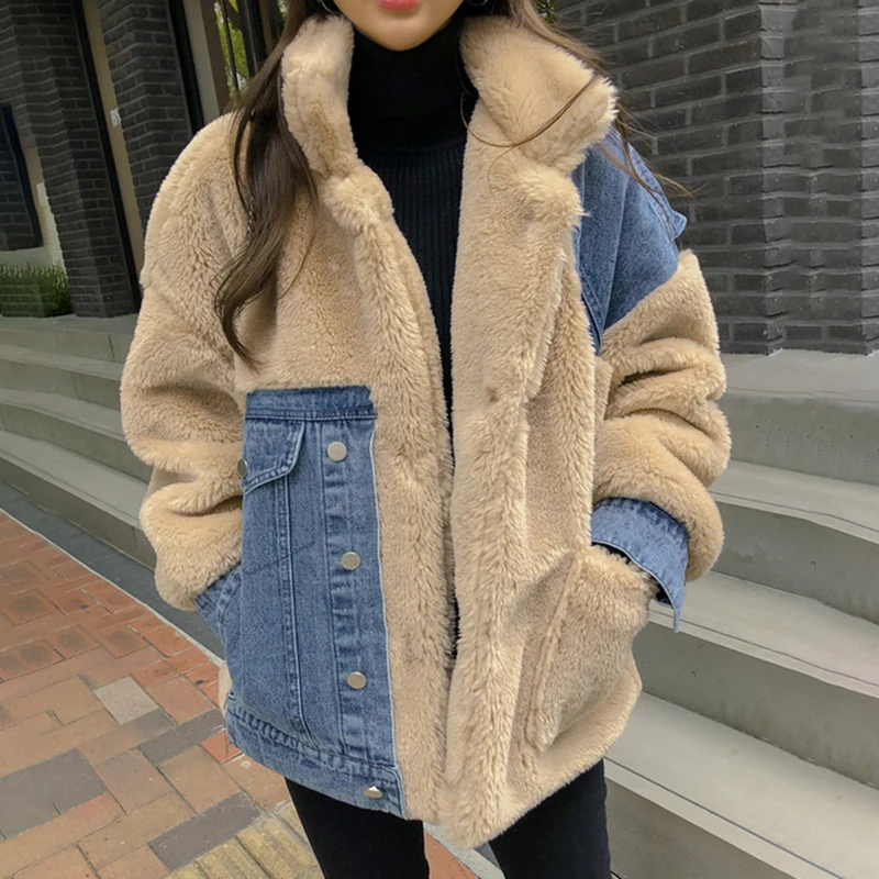 

WOMENGAGA Patchwork Denim Hit Color Women's Wool Jacket Lapel Collar Lantern Sleeve Irregular Female Coats 2020 Autumn XX146