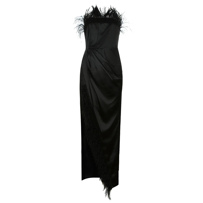 INDRESSME Autumn New Fashion Women Sexy Vestidos Feather Strapless Sleeveless Bodycon Gown Slit Party Club Long Satin Dress - Цвет: Black