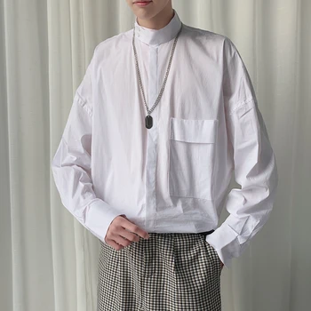 

Men's Long Sleeve Shirt 2020 Spring New Retro Solid Color Collar Long Sleeve Shirt Youth Personality Fashion Trend Men's Wear