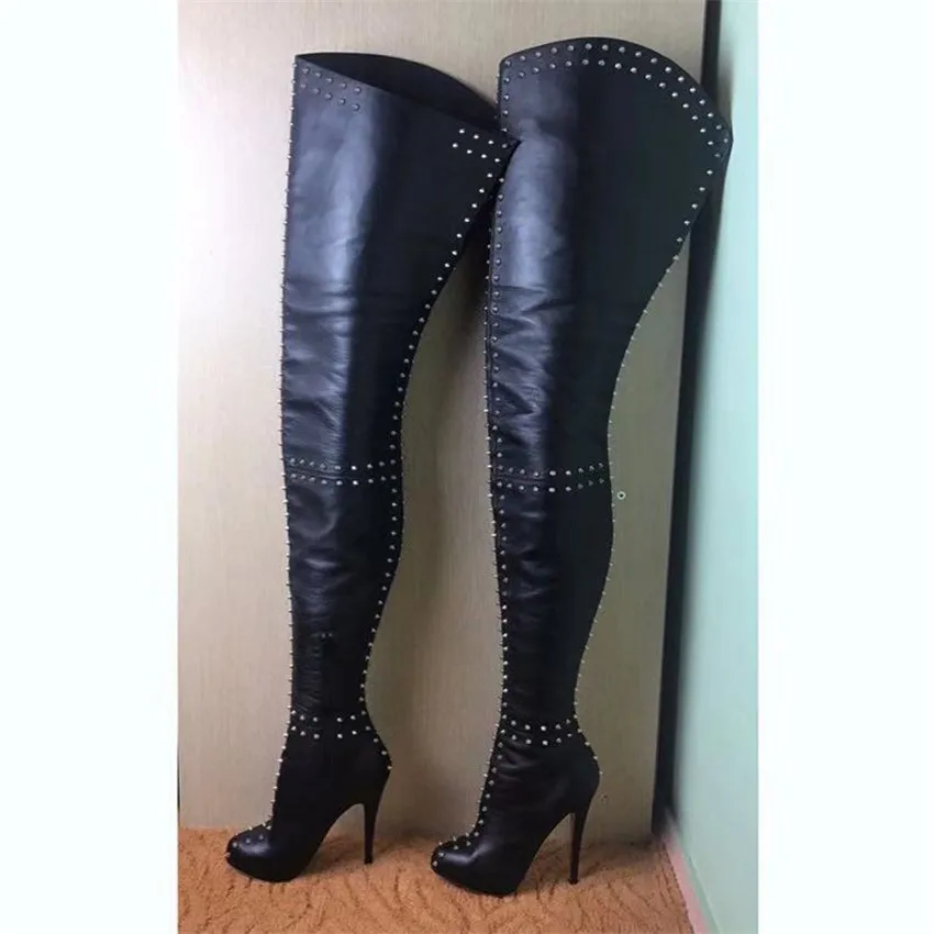 

Fashion Runway PU Leather Women Over-the-Knee Crotch Long Boot Rivets High Heeled Designer Pointed Toe Thigh High Boots Big Size