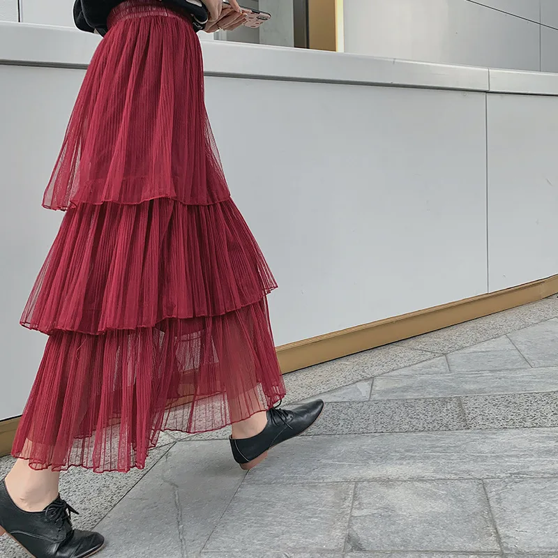

12-Color Selectable 2019 Autumn And Winter New Style Pleated Layers Cake Dress High-waisted Mid-length Gauze Skirt Women's