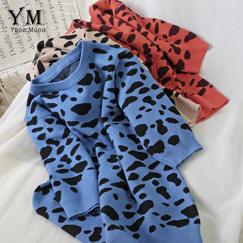 

YuooMuoo Ins Fashion Leopard Knitted Sweater Women Fall 2019 Tops Short Sleeve Basic Pullover Knitwear Ladies Sweater Jumpers