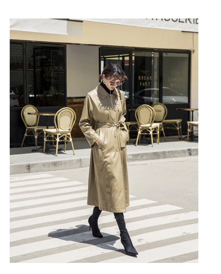 Women's New Spring And Autumn Coat Leather Long Paragraph Lapel Sashes Loose Pu Leather Windbreaker F171