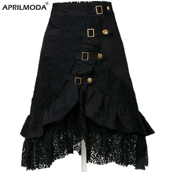 

High Waist Floral Lace Womens Skater Skirt Costumes Gothic Midi-Calf Skirt Office Saias Black Steampunk 1950s Vintage Skirts