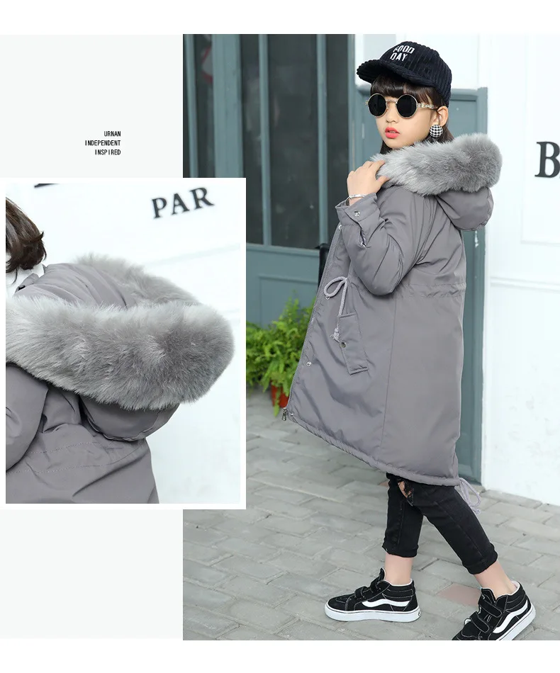 Коллекция года, зимняя модная теплая куртка с большим меховым воротником для девочек