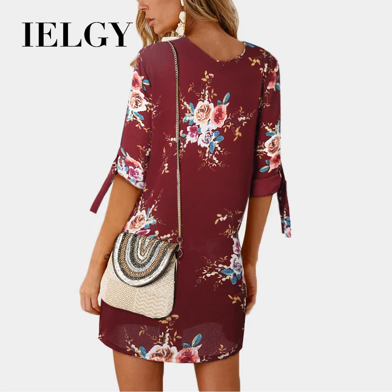 IELGY шифоновое платье Женская мода Печатный круглый вырез удобный пятиточечный рукав свободная полоса