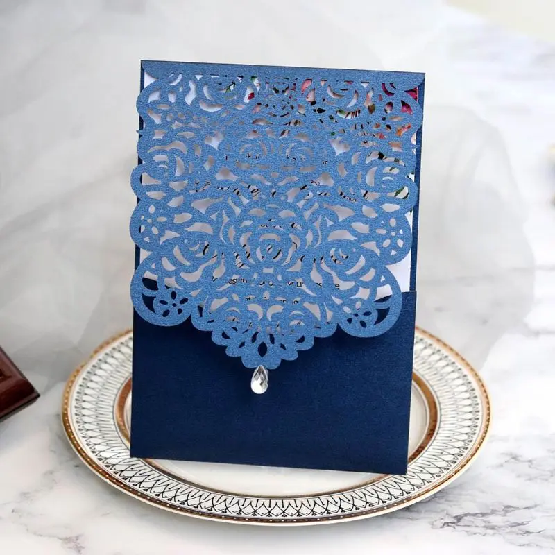  20pcs Laser Cut Rose Invitations Card with Rhinestone Kits Wedding Party E65B - 4000358585391