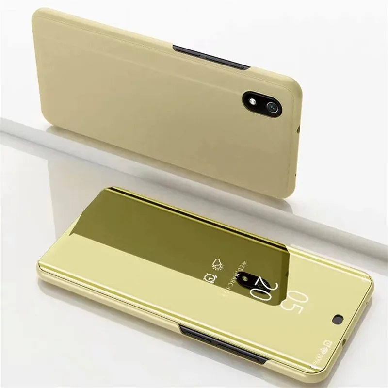 Прозрачный защелкивающийся чехол с зеркальным покрытием для Xiaomi Redmi 7A ударопрочный Pu кожаный жесткий пластиковый чехол-подставка для Redmi 7A Coque - Цвет: Gold Redmi 7A Case