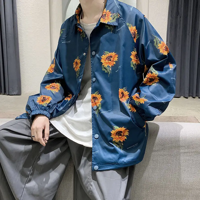 

2020 Men Casual Loose Flower Print Bomber Jacket Fashion Long Mouwen Military Streetwear Overwear Blue Jacket M-2XL