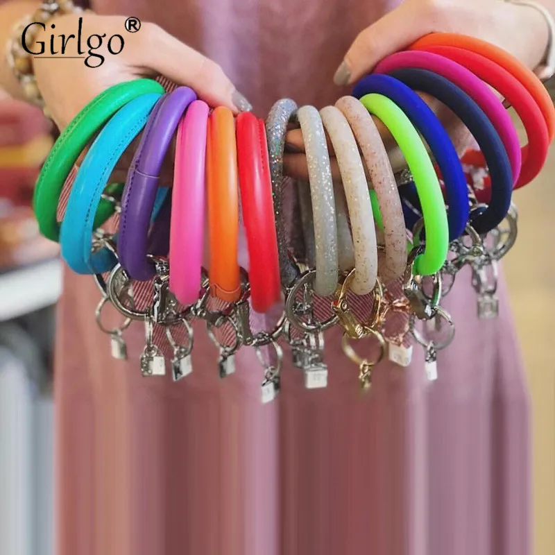 

Girlgo Leather Multicolored Silicone Keychain Sequin Shiny O Key Chain Big Circle Wristlet Keychain Wholesale For Women Girls