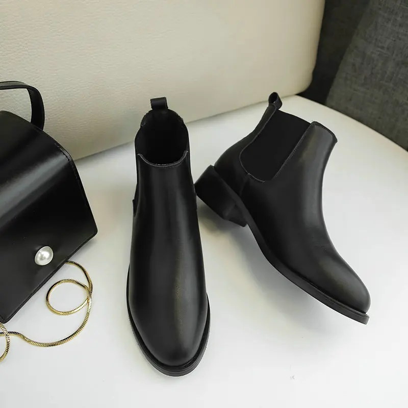 Autumn Winter 2021 Women's Boots Genuine Leather Round Toe Thick Heels Women Shoes Newest Party Casual Basic Shoes Woman