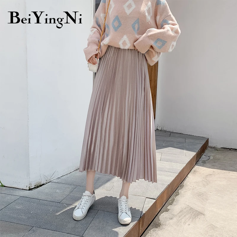 Beiyingni Skirt Korean Vintage Classic Temperament Casual Pleated Skirts Womens High Waist Fashion Autumn Pleuche Soft Midi Saia