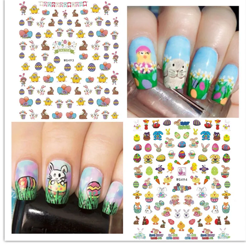 Nail art sticker for Easter day cute rabbit egg chick iamge printing self glue big size manicure decoration nail decals WG058 | Красота и