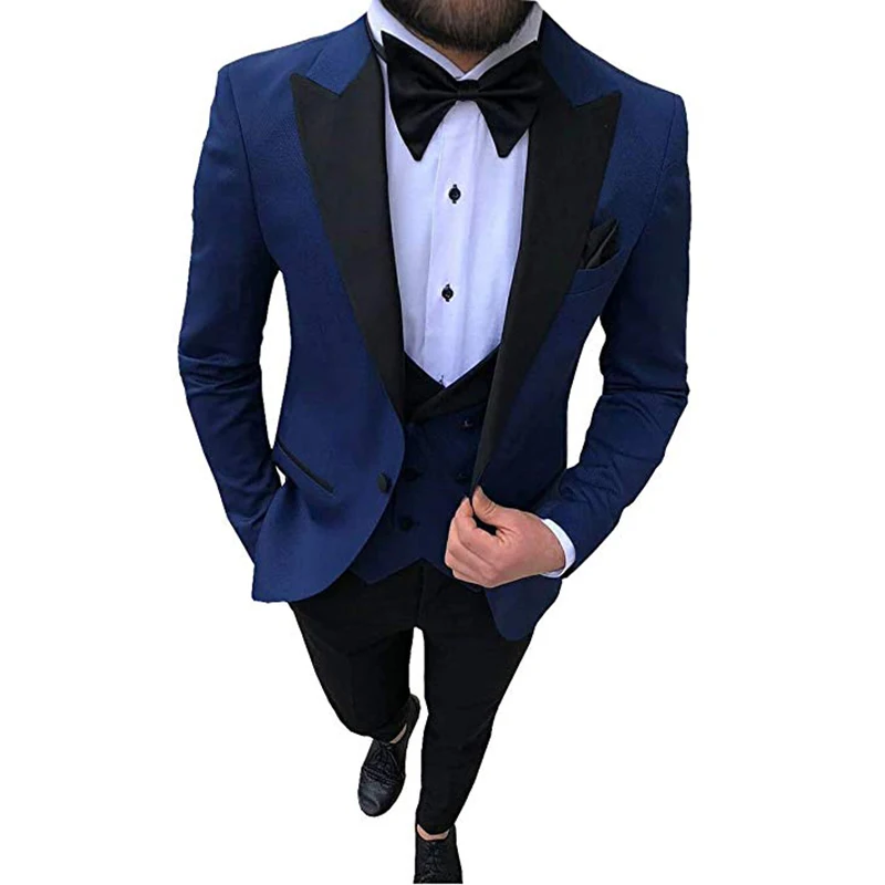 Темный цвет Aesido Повседневное Для мужчин костюмы Slim Fit 3 предмета лацкан с тупым углом; Выходные туфли на выпускной смокинги для женихов Для мужчин для свадьбы(пиджак+ жилет+ брюки - Цвет: Dark blue