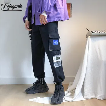 

FOJAGANTO Trend Brand Men Cargo Pants High Street Men's Fashion Patchwork Ankle-Length Pants Drawstring Casual Pants Male