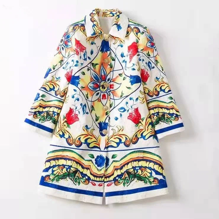 

European and American women's clothing winter 2022 new Long sleeve single breasted button vintage floral jacquard Trench coat