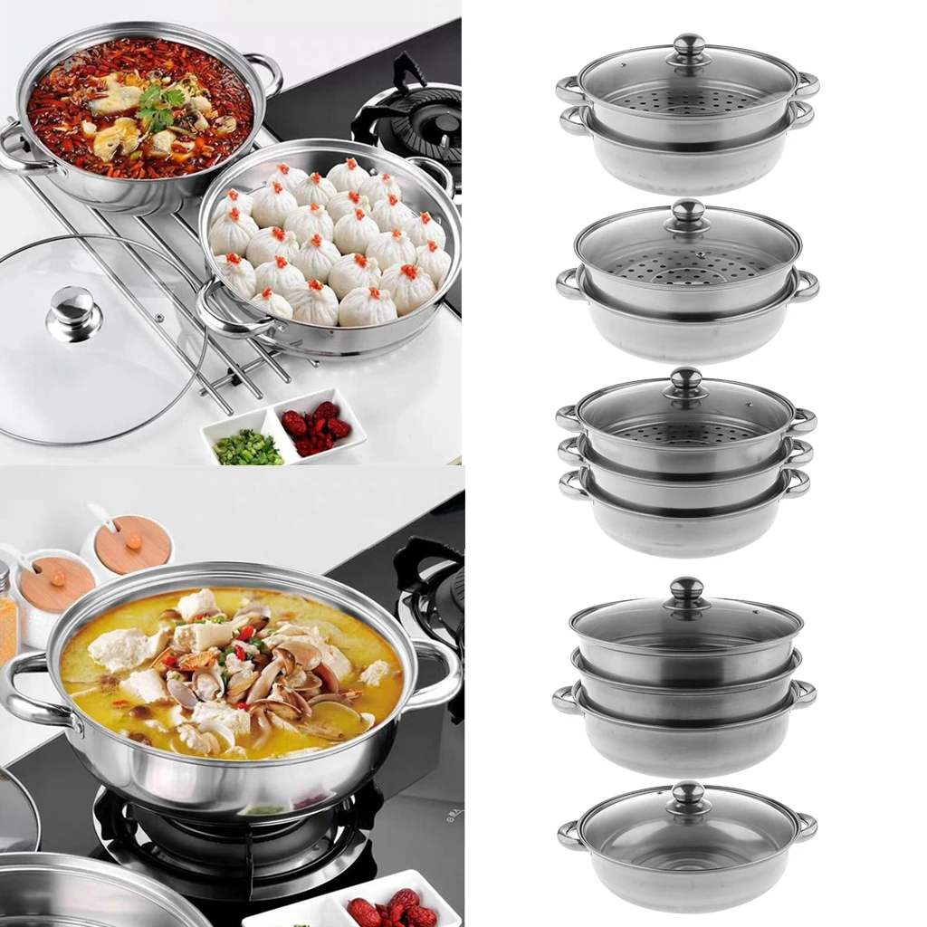 Stainless Steel Steam Cooker Steamer Pan Cook Pot Set Glass Lid