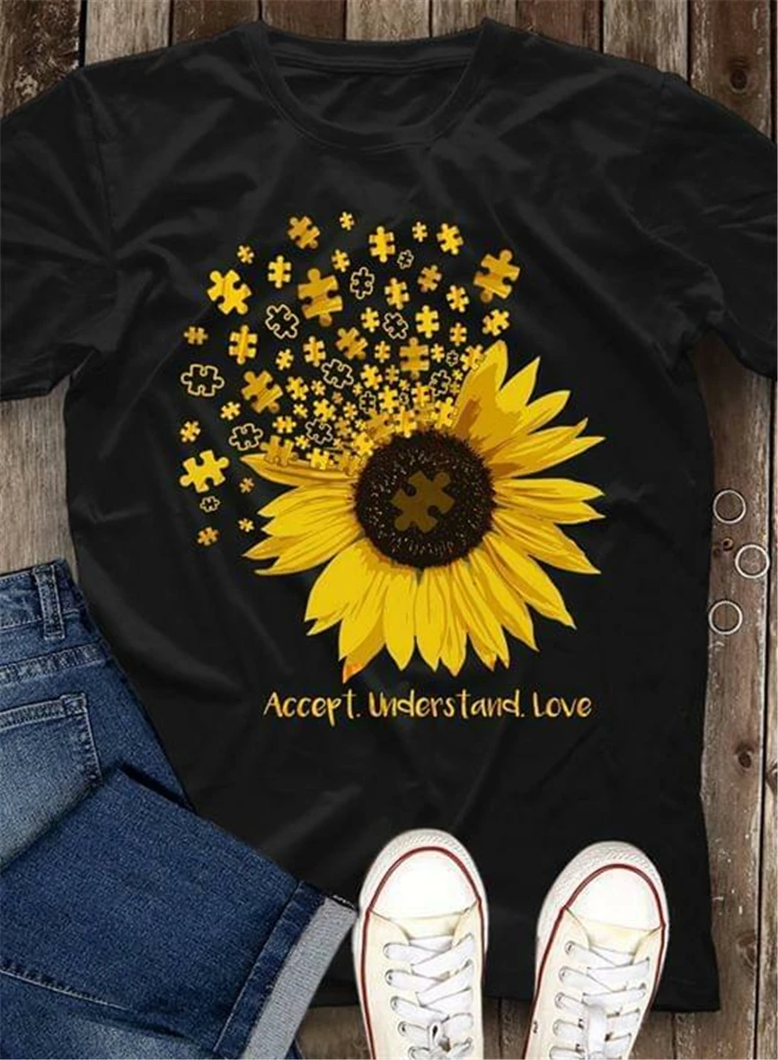 

Autism Sunflower Accept Understand Love T Shirt Black Cotton Ladies S-3Xl New Unisex Funny Tops Tee Shirt