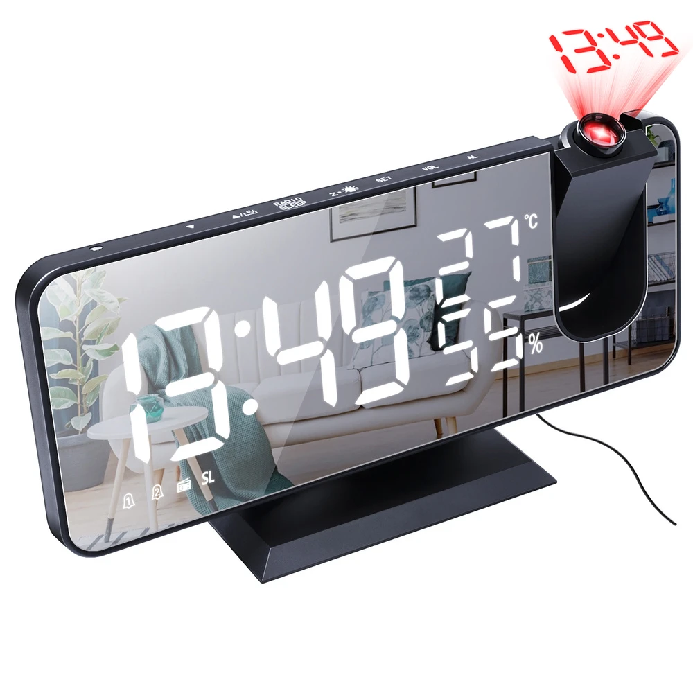 Répétition Réveil numérique LED à Miroir de Projection avec Port de Chargement USB Réveil à Projection avec écran 7,4 FM 3 Niveaux de luminosité CAMPSLE Réveil Thermomètre hygromètre 12 // 24H
