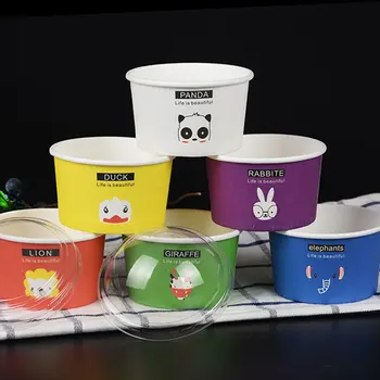 

100pcs 85/200ml Disposable Ice Cream Paper Cup Ball Cup with Half Ball Cover Dessert Cake Cup Bowl (Animals Pattern)