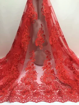 

Red Wedding lace latest High quality Embroidered african guipure cord lace With Pearls Rhinestones fabric for Evening Dress