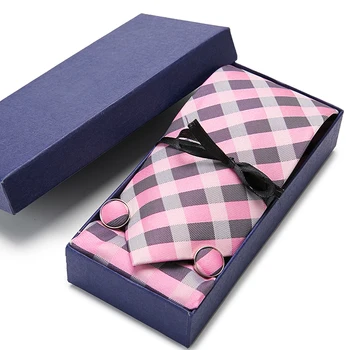 

Tie Set 3pcs for Men Wedding Party 100% Pink Plaid Tie Set Hanky &Handkerchief &Cufflinks With Gift Box