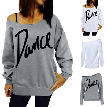 

Letter Dance Print Sweatshirt Women Loose Slash Neck Pullovers Tops Casual Loose White Women Hoodies Spring Autumn#20