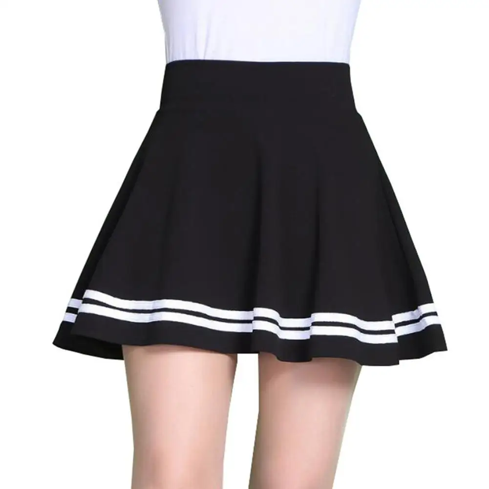 Las mujeres falda de cintura alta Color sólido rayas Falda plisada media niñas Negro Blanco una línea Mini falda para la escuela uniforme de gran tamaño