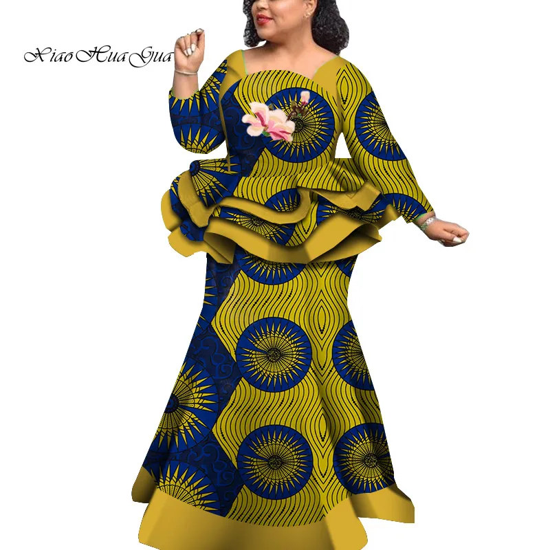 Африканский стиль, Базен Riche, платья для женщин, комплект из двух частей, женские топы с длинным рукавом и юбка-Русалка с принтом размера плюс, WY5992