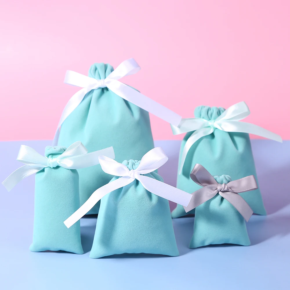 50pcs Jewelry Bag Velvet Bags with Silk Ribbon Jewelry Packaging Pouches for Wedding Party Candy Gift Present Bag Custom Logo