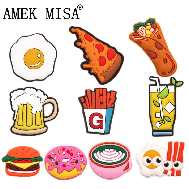 Accesorios de colgantes de zapatos de estilo alimenticio, decoración para hebilla de zapato para croc jibz, regalos para fiestas infantiles, cerveza/Pizza/patatas fritas, novedad