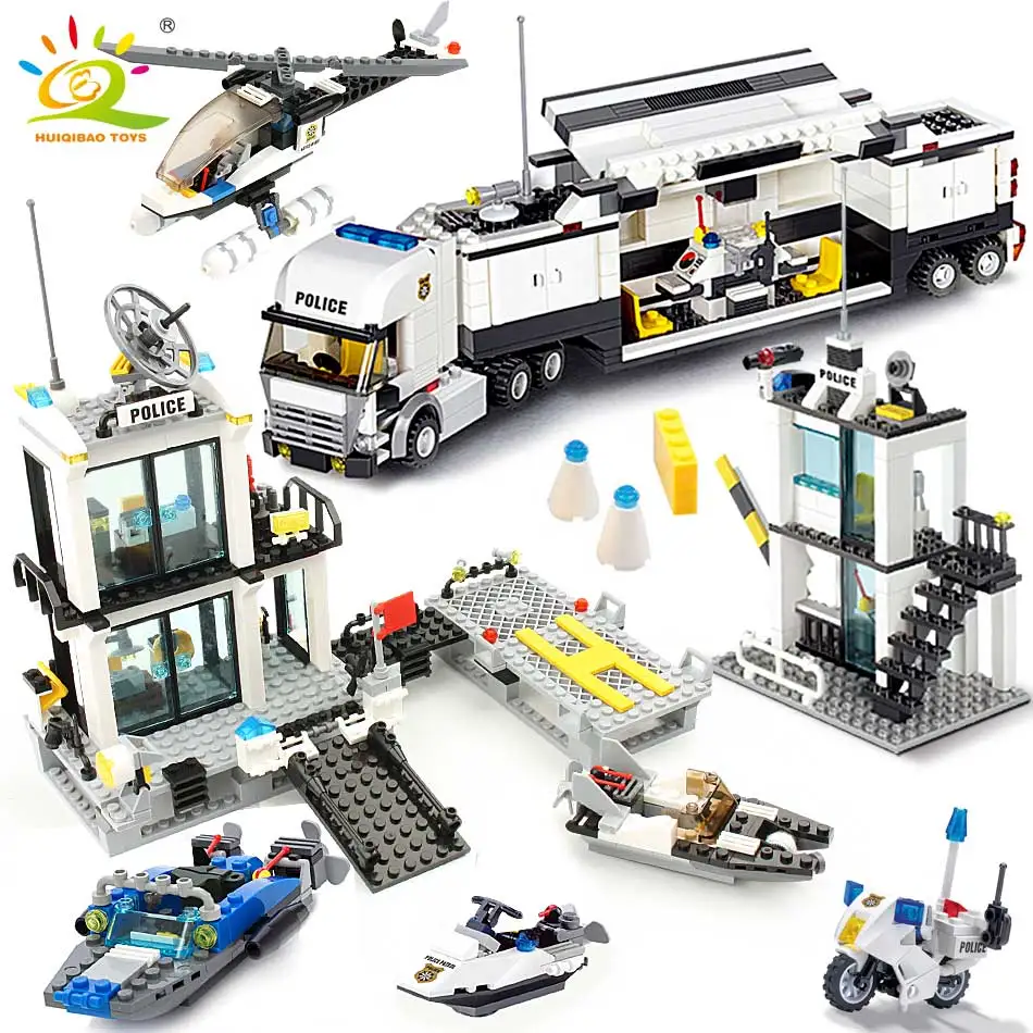 Comprare 536pcs Stazione di Polizia di Prigione Camion Building Blocks compatibile legoing Città Elicottero Barca Auto poliziotto figure strada bike educativi di costruzione FAI DA TE Giocattoli Dei Mattoni Per I Bambini