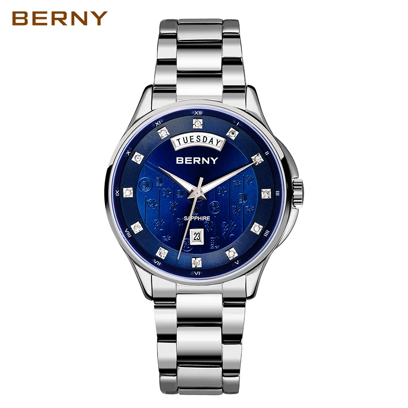 BERNY Men's Quartz Watches Luxury Brand Sapphire Classic Weekly Calendar Dial Stainless Steel Waterproof Gif Fashion Male Clock.