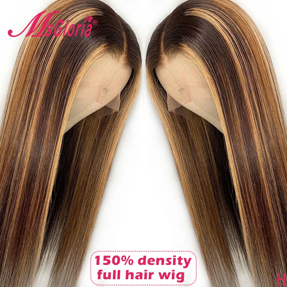 150% Straight Part Lace Front Wig Honey Blonde Brazilian Remy Hair #27 Mix Colored Ombre Human Wigs For Women | Шиньоны и парики