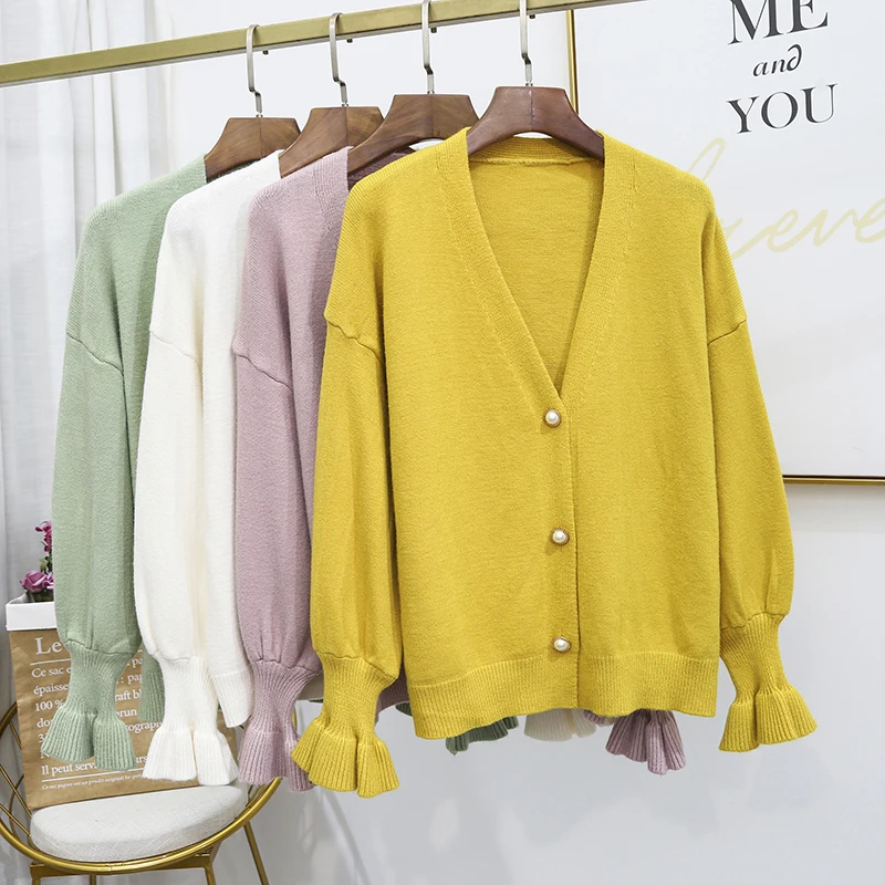 

Shintimes Autumn Fashion Cardigan Knitted Sweater Women Flare Sleeve Button Basic Solid Loose Sweaters Winter Warm Jacket Female