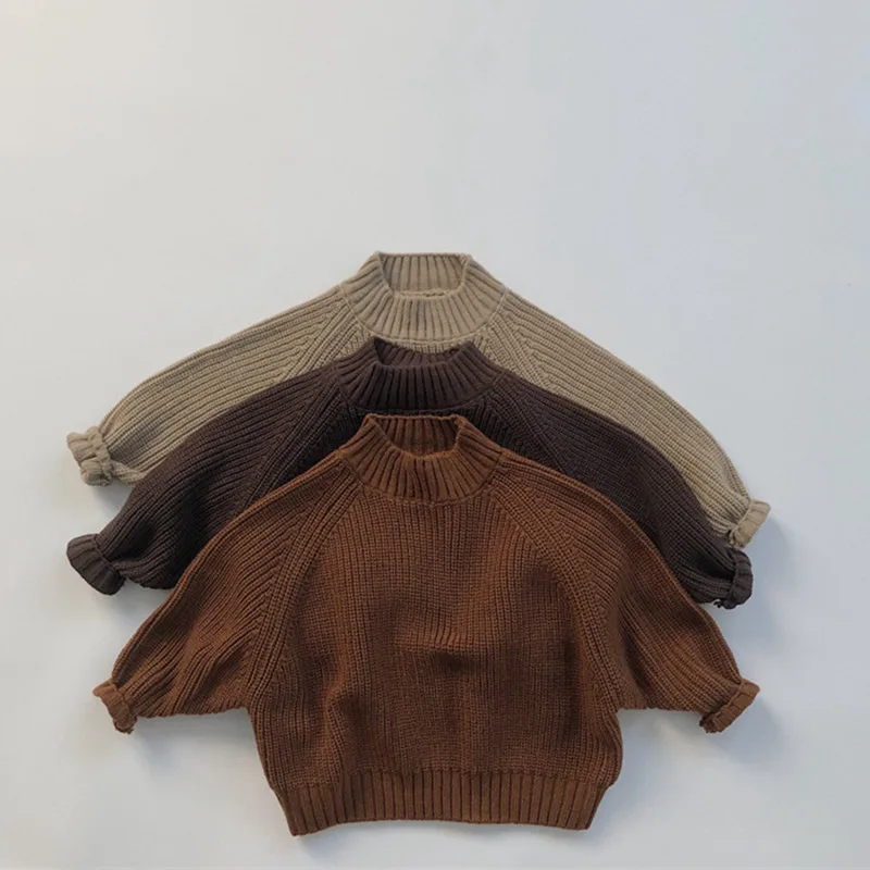 Korean Style New Winter Baby Boys Knitted Sweaters Pure Color Thicken Pullovers Tops Toddlers Kids Sweater
